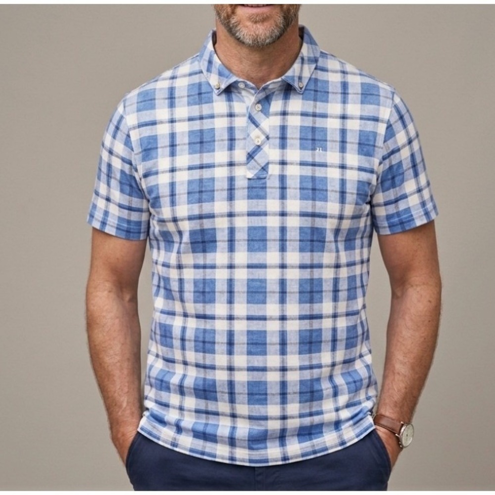 J.Lindeberg Mens XXL‎ Polo Shirt Ingve Slim Lux Jersey Blue White Plaid Print